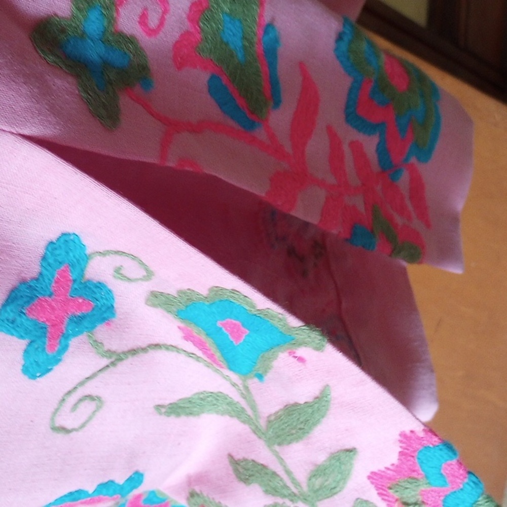 Midge Grant Vtg Retro Pink Floral Sleeveless Embroidered Maxi Dress w/ Crewel - Picture 5 of 6